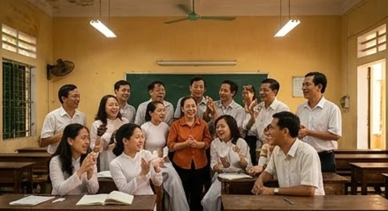 Nhóm bạn học cũ tụ tập vui vẻ trong lớp học quen thuộc, ánh đèn ấm chiếu lên những gương mặt rạng rỡ