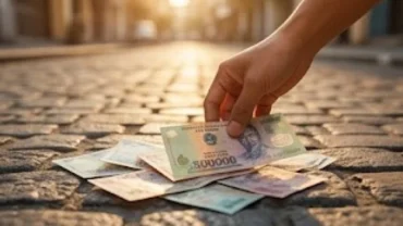 Bàn tay đang nhặt những tờ tiền giấy vương trên mặt đường ngập nắng mang điềm báo của giấc mơ thấy lượm tiền