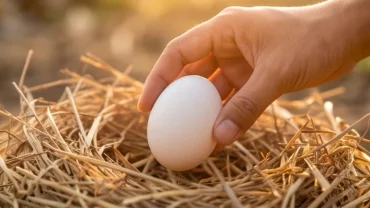 Bàn tay đang lượm quả trứng vịt to tròn nguyên vẹn trên bãi cỏ xanh giúp giải mã giấc mơ thấy lượm trứng vịt