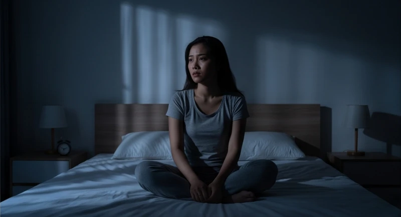 Người phụ nữ ngồi thẫn thờ trên giường với gương mặt mệt mỏi khi mơ thấy ma
