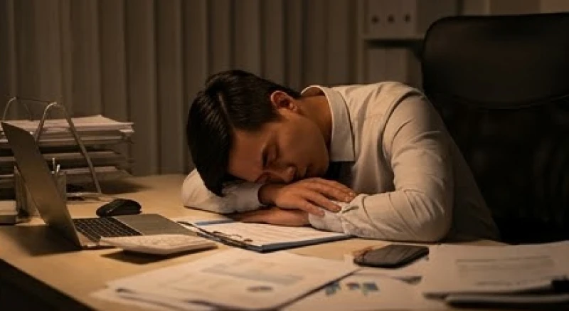 Mơ thấy ma đuổi là điềm gì: Giải mã bối cảnh & cách hóa giải 2 Một người gục đầu xuống bàn làm việc vì kiệt sức sau nhiều đêm mơ thấy ma đuổi liên tục