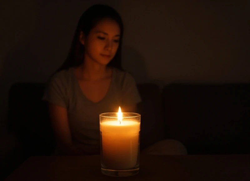 Người phụ nữ ngồi thiền dưới ánh nến ấm áp để tĩnh tâm sau khi trải qua giấc mộng liên quan đến phần âm