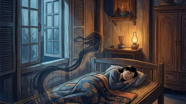 Người đang ngủ trong phòng tối minh họa cho hiện tượng mơ thấy ma trêu lúc nửa đêm