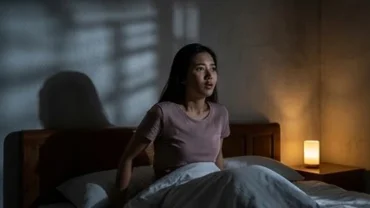 Người phụ nữ thức giấc giữa đêm trong phòng ngủ mờ tối do giật mình vì mơ thấy ma trong nhà