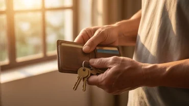 Bàn tay nhặt lại chiếc ví và chìa khóa đánh rơi, tượng trưng cho giấc mơ thấy mất đồ tìm lại được mang đến sự bình an.