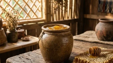 Hình ảnh hũ mật ong vàng óng đặt cạnh tổ ong rừng tự nhiên mang lại điềm báo khi mơ thấy mật ong