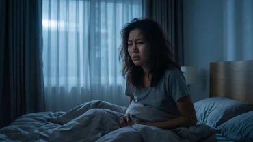 Người phụ nữ lo âu khi tỉnh dậy sau khi nằm mơ thấy mất xe máy trong không gian phòng ngủ tĩnh lặng