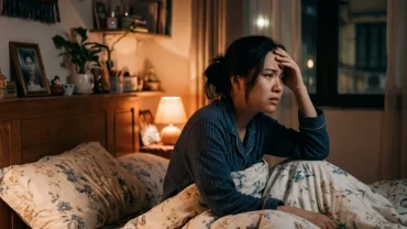 Hình ảnh người phụ nữ lo âu thức giấc giữa đêm sau khi mơ thấy máu trong phòng ngủ ấm áp ở Việt Nam