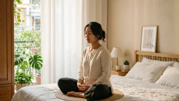Người phụ nữ Việt Nam ngồi thiền thư thái trong phòng ngủ ấm áp sau khi mơ thấy máu kinh nguyệt của mình