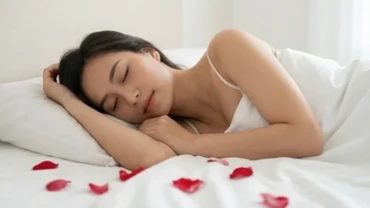 Người phụ nữ ngủ say giấc với nét mặt trầm tư, phản ánh trạng thái tâm lý khi mơ thấy máu kinh nguyệt của mình