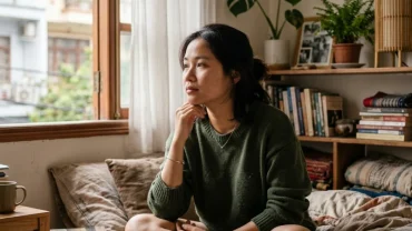 Hình ảnh cô gái trẻ lo lắng suy ngẫm sau khi mơ thấy mẹ bạn trai trong phòng ngủ