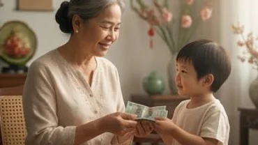Người mẹ hiền hậu trao những tờ tiền lộc cho con cái trong không gian ấm cúng mang ý nghĩa mơ thấy mẹ cho tiền