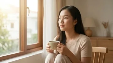 Người con dâu trầm ngâm suy nghĩ bên bàn trà sau khi mơ thấy mẹ chồng để tìm hiểu điềm báo