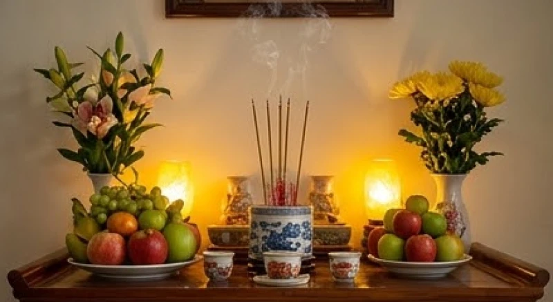 Bàn thờ gia tiên ấm cúng gợi nhắc thông điệp tâm linh khi mơ thấy mẹ chồng đã khuất