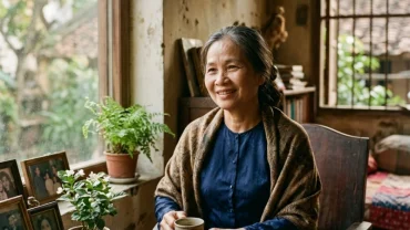 Hình ảnh người phụ nữ trung niên Việt Nam ngồi bên khung cửa sổ ấm áp gợi liên tưởng đến giấc mơ thấy mẹ có bầu