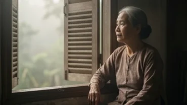 Người phụ nữ lớn tuổi trầm ngâm bên hiên nhà thể hiện ý nghĩa của giấc mơ thấy mẹ khóc về mặt tâm lý