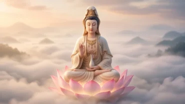 Bồ Tát ngự trên đài sen rực rỡ tỏa hào quang ấm áp mang phước lành đến cho người mơ thấy mẹ Quan Âm.