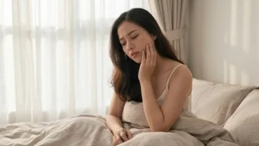 Người phụ nữ Việt Nam thức dậy trầm tư ngẫm nghĩ về giấc mơ thấy mẻ răng không chảy máu