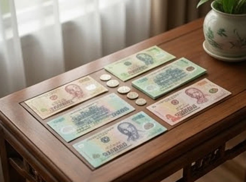 Những tờ tiền lộc đủ mệnh giá được đặt ngay ngắn trên chiếc bàn gỗ cổ kính mang ngụ ý của sự may mắn vật chất