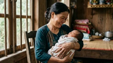 Một người phụ nữ trung niên Việt Nam hạnh phúc bế trẻ sơ sinh minh họa cho ý nghĩa giấc mơ thấy mẹ sinh em bé