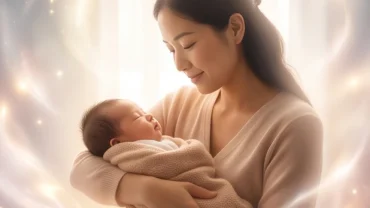 Người mẹ hiền bế em bé sơ sinh trong không gian ấm áp, tượng trưng cho điềm lành khi mơ thấy mẹ sinh em bé