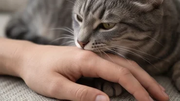 Một con mèo đang cắn nhẹ vào bàn tay người, hình ảnh mô phỏng giấc mơ thấy mèo cắn vào tay