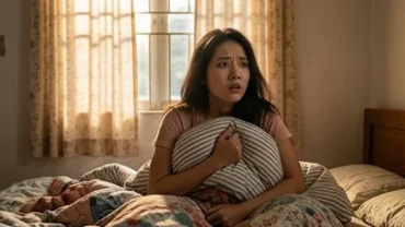 Người phụ nữ đang bừng tỉnh giấc sau khi nằm mơ thấy mèo chết với biểu cảm lo âu trên giường ngủ