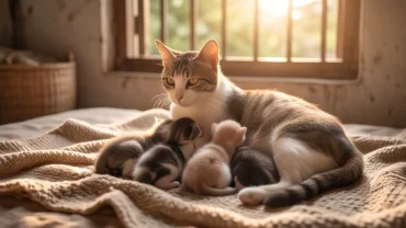 Đàn mèo con mới đẻ nằm ngoan ngoãn trong ổ đại diện cho sự bình an khi mơ thấy mèo con mới đẻ