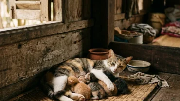 Hình ảnh một con mèo mẹ đang ôm những chú mèo con mới sinh mang ý nghĩa phong thủy khi mơ thấy mèo đẻ con