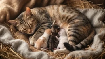 Mèo mẹ nằm cuộn tròn ân cần chăm sóc đàn con mới sinh đại diện cho giấc mơ thấy mèo đẻ con