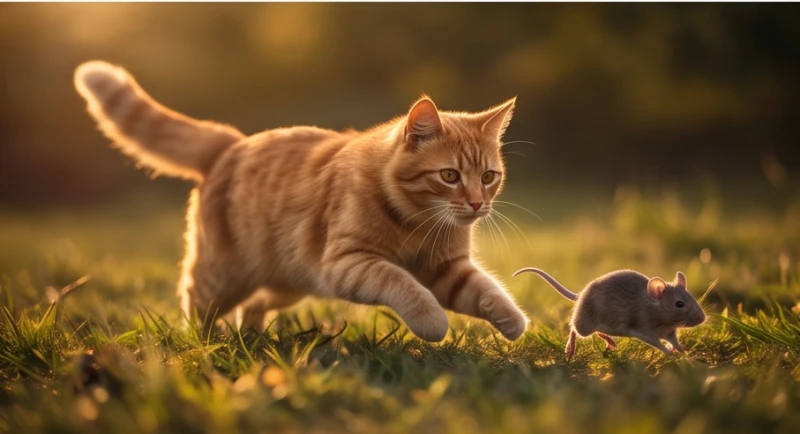Mơ thấy mèo đuổi chuột: Phân biệt điềm báo & con số may mắn 4 Con mèo lông vàng óng ả đang mạnh mẽ đuổi bắt một con chuột trên thảm cỏ