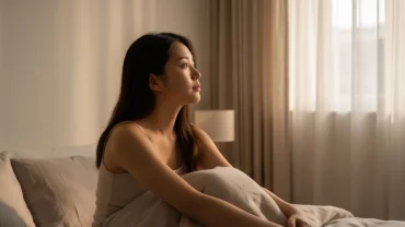 Phụ nữ bừng tỉnh với tâm trạng suy tư sau khi nằm mơ thấy mình bị bóp vú, không gian phòng ngủ ngập ánh sáng tự nhiên