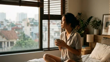 Người phụ nữ Việt Nam ngồi lo lắng trên giường ngủ sau khi mơ thấy mình bị chém do áp lực cuộc sống