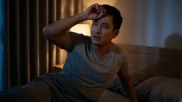 Người đàn ông lo âu tỉnh dậy giữa đêm trong không gian mờ ảo khi mơ thấy mình bị hãm hại