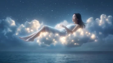 Người phụ nữ đang trải qua giấc mơ thấy mình biết bay lơ lửng giữa bầu trời đêm đầy sao