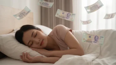 Một người phụ nữ nằm ngủ tĩnh lặng khi mơ thấy mình cho tiền người khác giữa không gian huyền ảo