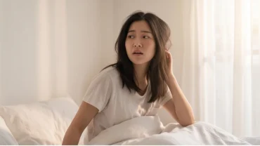 Cô gái bừng tỉnh trên giường sau khi mơ thấy mình chửi người khác với biểu cảm bối rối và thở phào nhẹ nhõm