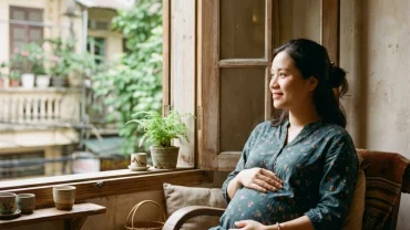 Người phụ nữ mang thai rạng rỡ bên cửa sổ ngập nắng gợi liên tưởng đến giấc mơ thấy mình có bầu đi đẻ
