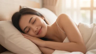 Người phụ nữ thanh lịch đang ngủ bình yên và mỉm cười khi mơ thấy mình có bầu sắp đẻ