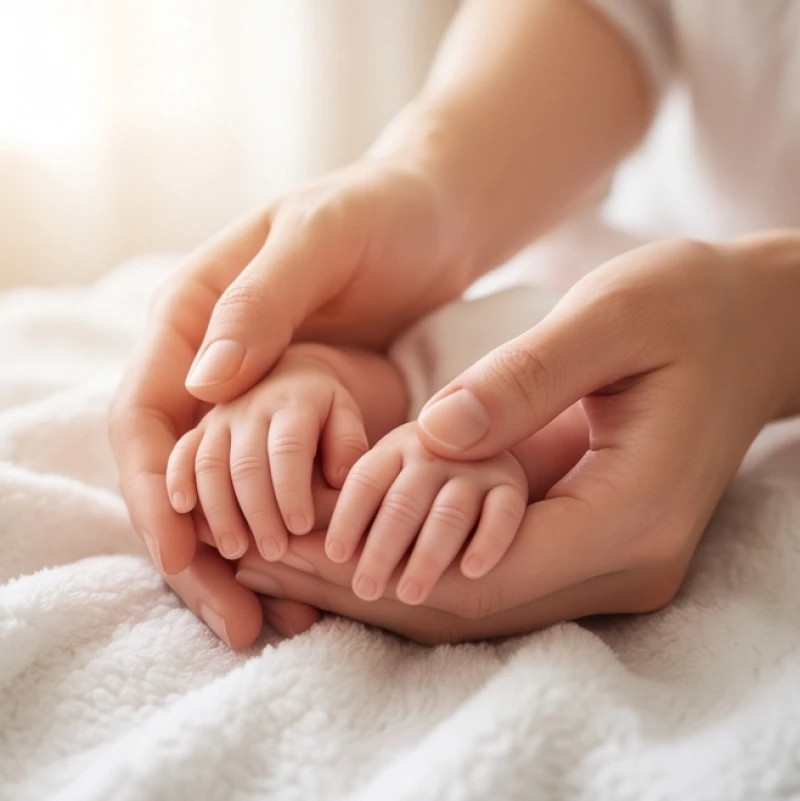 Bàn tay người mẹ nhẹ nhàng nắm lấy tay trẻ sơ sinh, khắc họa niềm hạnh phúc và vượng khí khi mơ thấy sinh đôi con gái