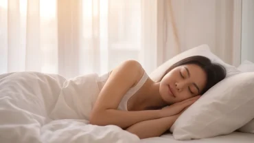 Người phụ nữ thanh lịch đang chìm vào giấc ngủ sâu và mơ thấy mình có thai trong không gian phòng ngủ tĩnh lặng