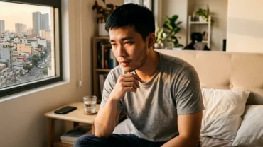 Hình ảnh một người thức giấc lo âu sau khi mơ thấy mình đâm người khác chảy máu vì áp lực cuộc sống dồn nén