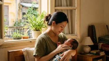 Hình ảnh người phụ nữ Việt Nam hạnh phúc bế bé trai sơ sinh gợi liên tưởng đến giấc mơ thấy mình đẻ con trai cát tường
