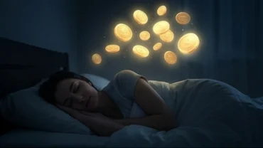 Người nằm ngủ say với bóng mờ cầm túi tiền lơ lửng tượng trưng cho giấc mơ thấy mình đi ăn trộm tiền