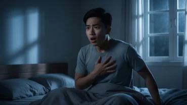 Người đàn ông bừng tỉnh trên giường giữa đêm tối toát mồ hôi sau khi mơ thấy mình giết người