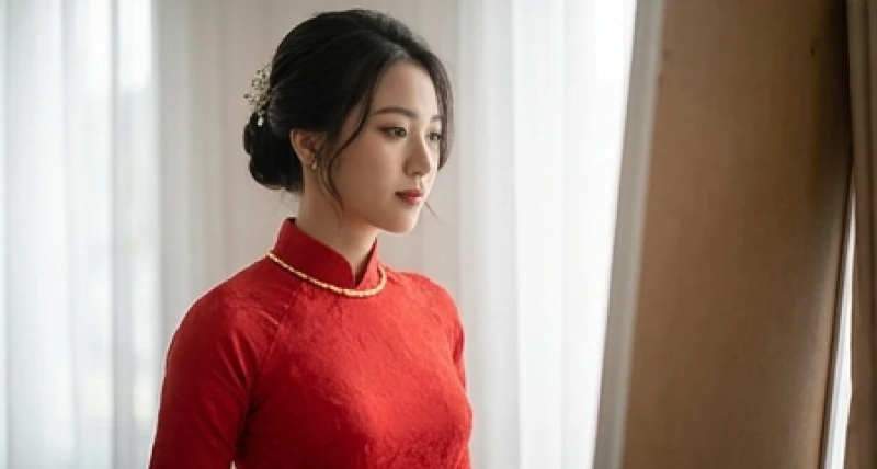 Cô gái trẻ khoác lên người chiếc áo dài cưới màu đỏ đang ngắm nhìn bản thân trong gương với vẻ mặt trầm tư