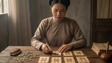 Người phụ nữ đang tĩnh tâm gieo quẻ trong bối cảnh tái hiện giấc mơ thấy mình làm thầy bói