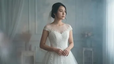 Người phụ nữ mặc váy cưới cô dâu đứng đăm chiêu trong không gian mờ ảo tượng trưng cho giấc mơ thấy mình lấy chồng khác