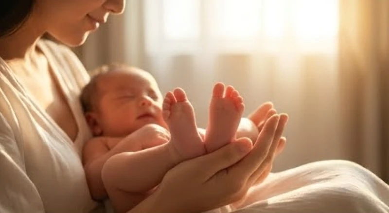 Mơ thấy bà đẻ là điềm gì? Giải mã bối cảnh & con số may mắn 3 Bàn tay người mẹ nâng niu đôi chân nhỏ bé của trẻ sơ sinh trong ánh sáng ban mai