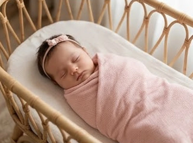 Mơ Thấy Đi Đẻ Là Điềm Báo Gì? Giải Mã & Bộ Số Hóa Giải 5 Em bé sơ sinh gái quấn khăn lông màu hồng ngủ ngoan ngoãn trong chiếc nôi mây mộc mạc đặt cạnh cửa sổ